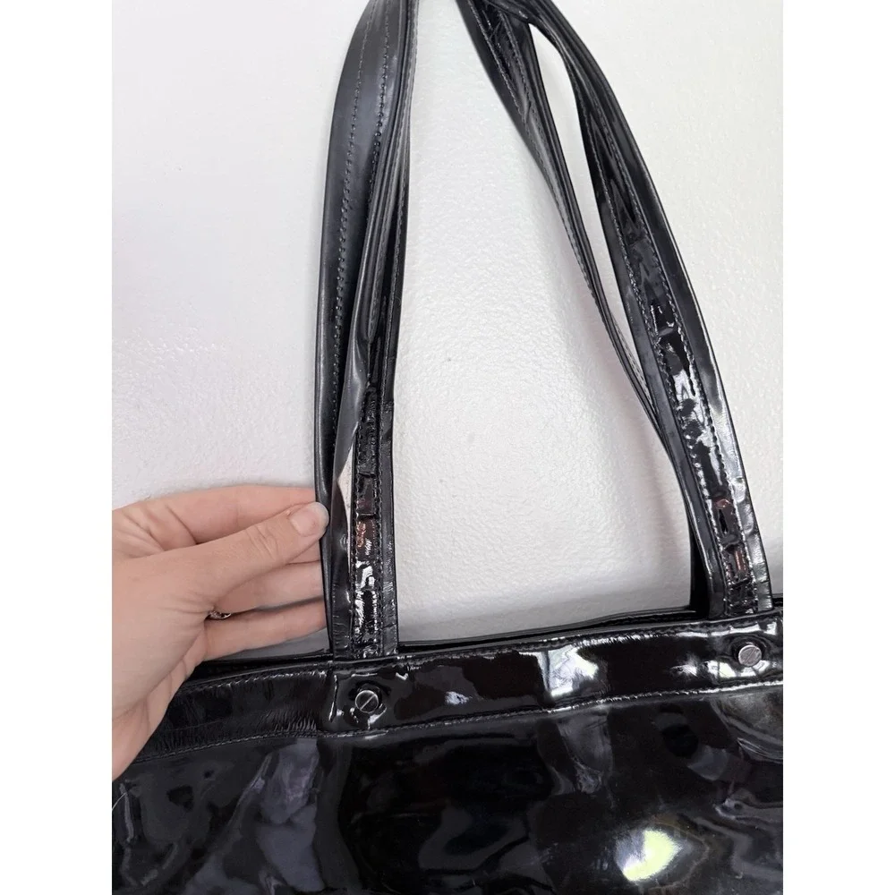 Tory Burch Black Patent Leather Monogram Tote Bag 17x17 Large Carry All Classic